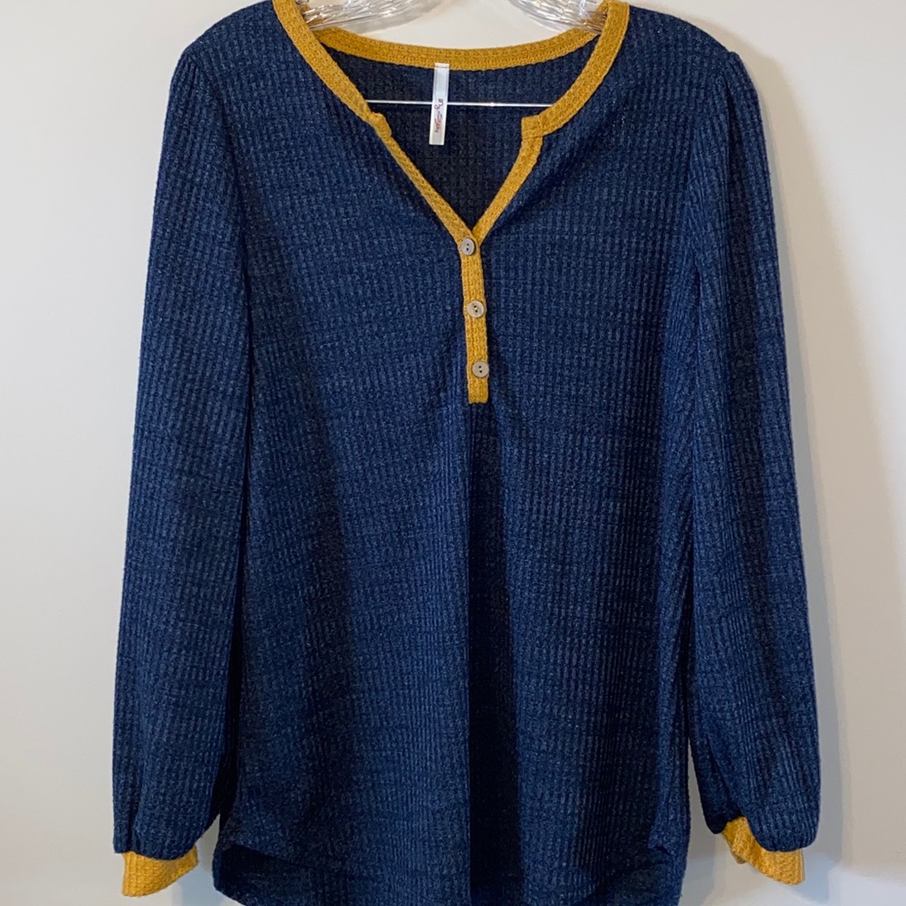 Waffle Knit Navy and Gold Long Sleeve